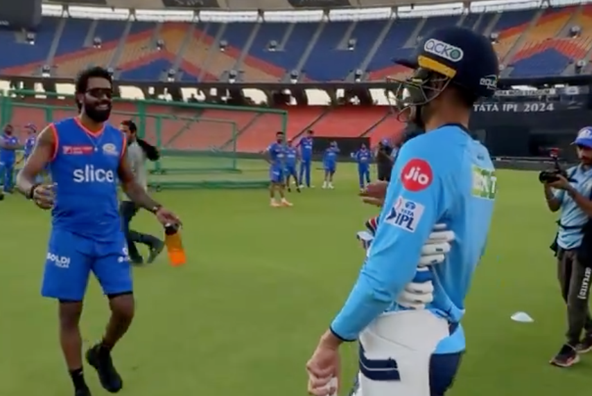Hardik Pandya embraces Shubman Gill before GT vs. MI match in Ahmedabad