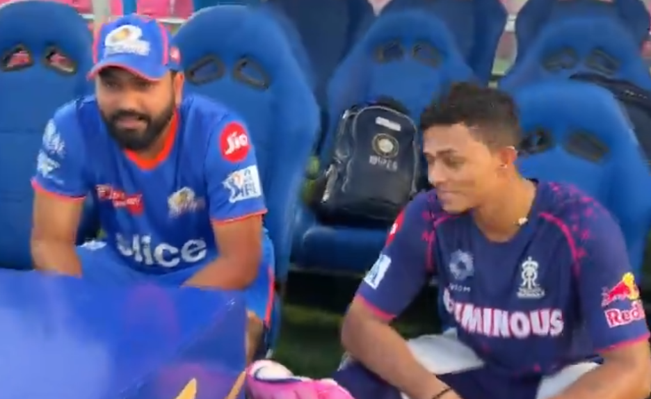 Rohit Sharma interacts happily with Rajasthan Royals players before IPL match