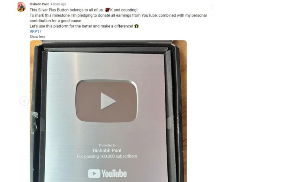 Rishabh Pant to Donate YouTube Earnings After Getting Silver Play Button