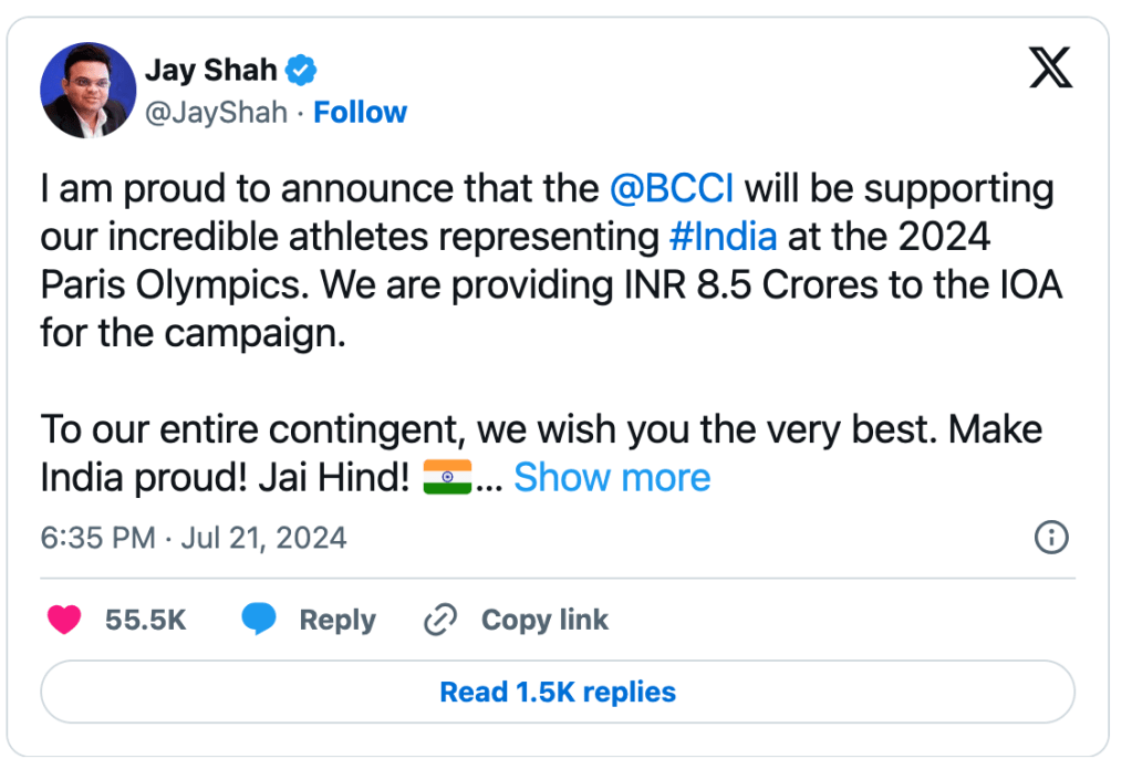 BCCI Gives INR 8.5 Crore to Indian Team for Paris 2024 Olympics