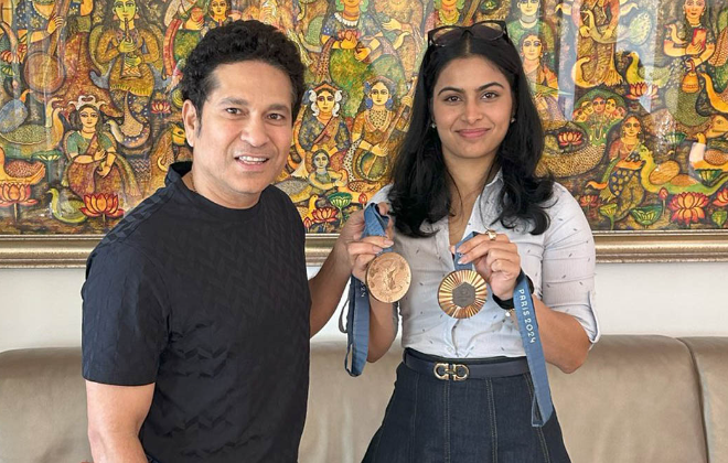Manu Bhaker meets Sachin Tendulkar after winning two bronze medals at the Paris 2024 Olympics, inspiring fans.