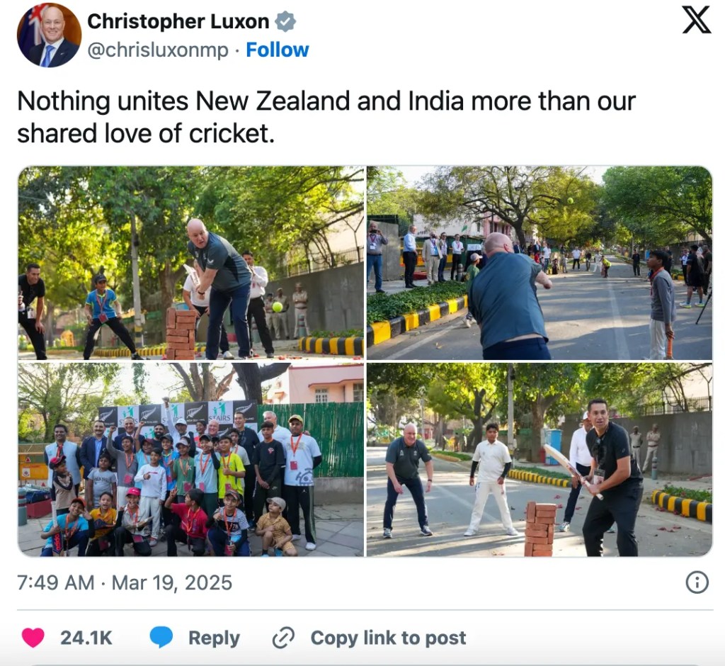 New Zealand PM Plays Street Cricket in Delhi with Kapil Dev, Ross Taylor, and Ajaz Patel