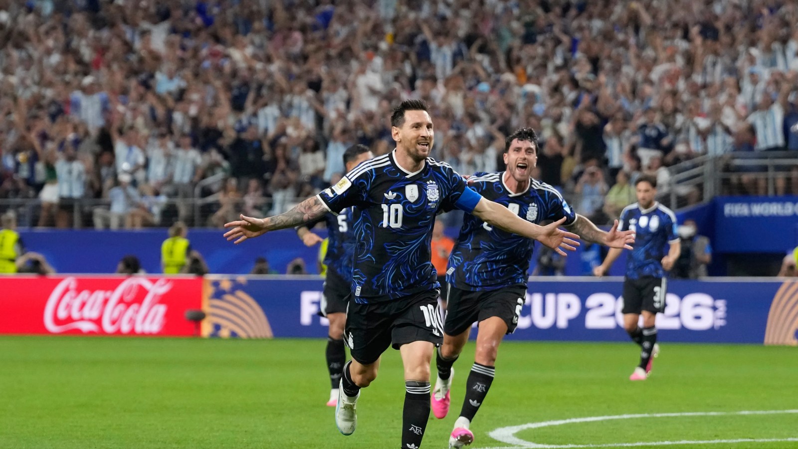 Lionel Messi celebrates after scoring for Argentina against Cape Verde in the World Cup 2026 knockout match in Miami