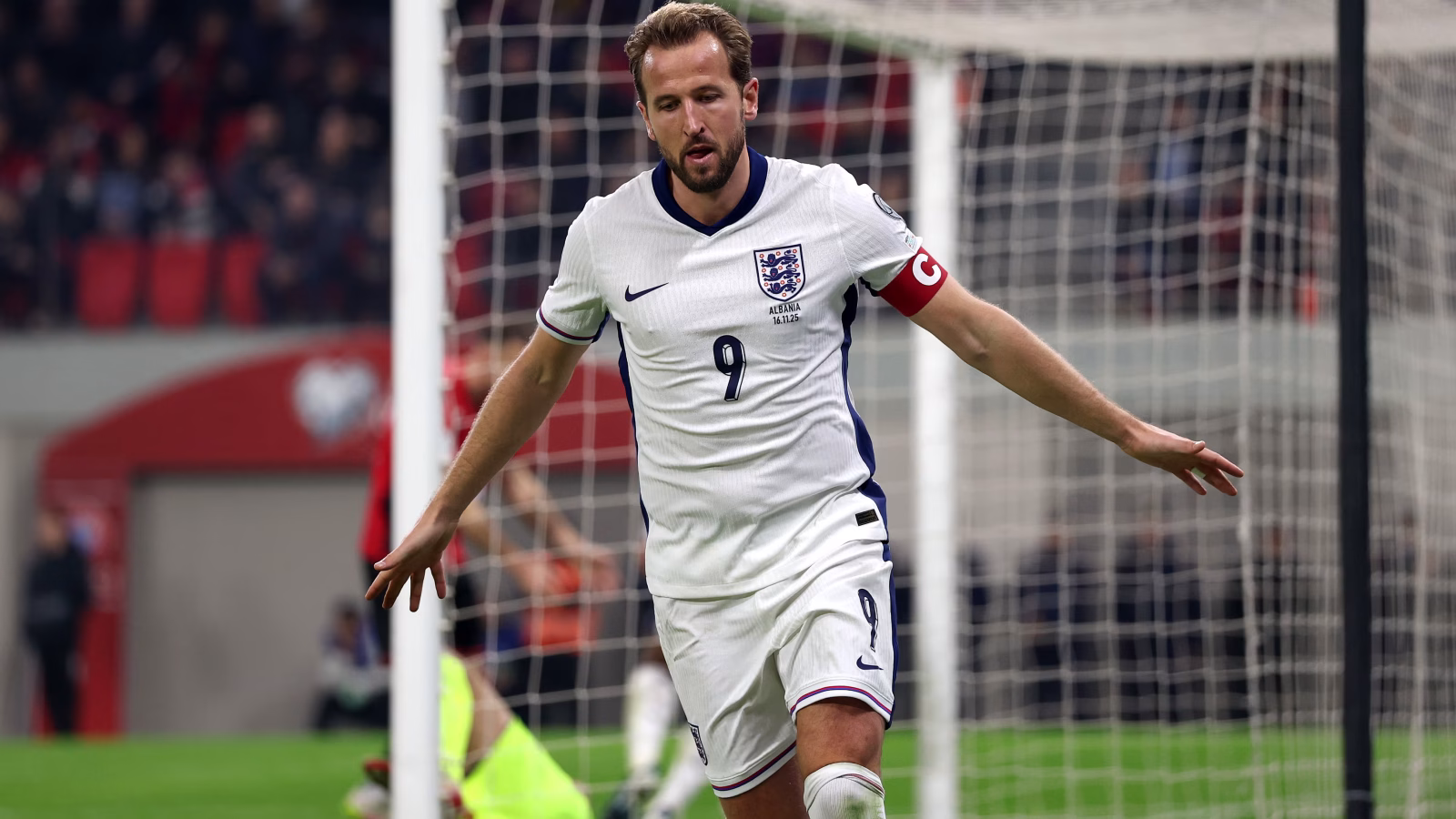 Harry Kane celebrates for England after scoring against Mexico in the World Cup 2026 round of 16