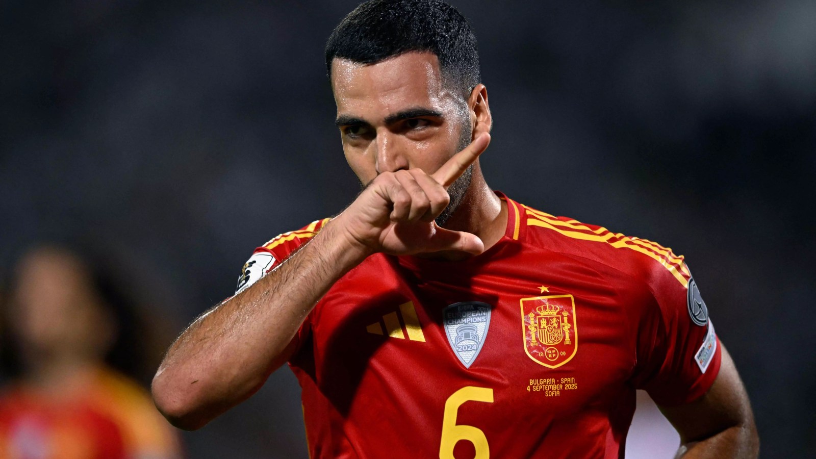 Mikel Merino celebrates after scoring for Spain against Portugal at the 2026 FIFA World Cup
