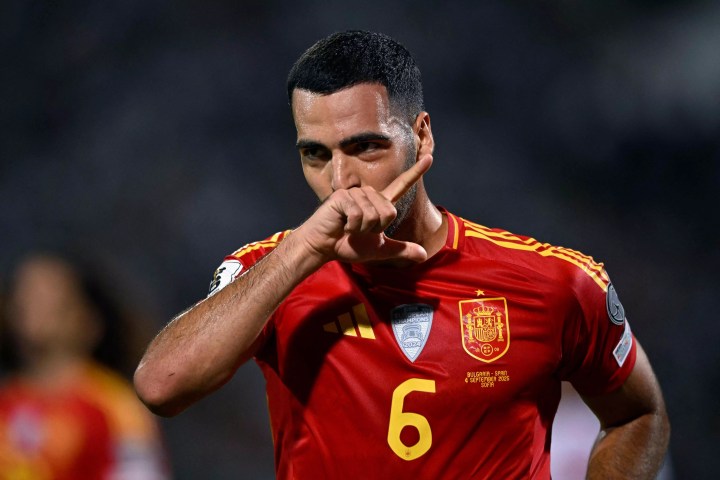Mikel Merino celebrates after scoring for Spain against Portugal at the 2026 FIFA World Cup