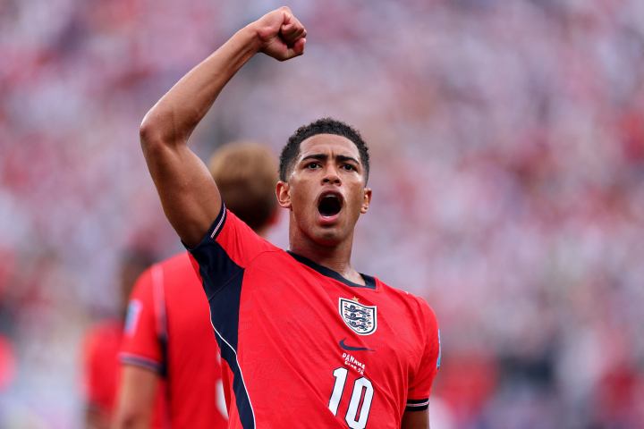 Jude Bellingham celebrates for England after scoring in the World Cup 2026 win over Mexico
