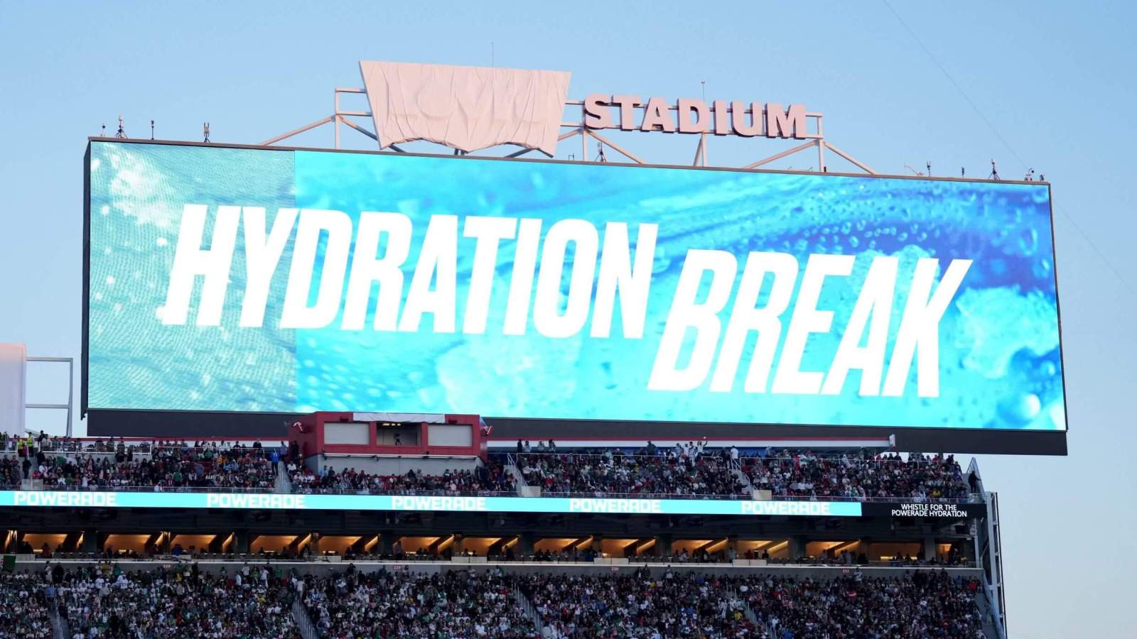 World Cup 2026 match with players taking a mandatory hydration break during play