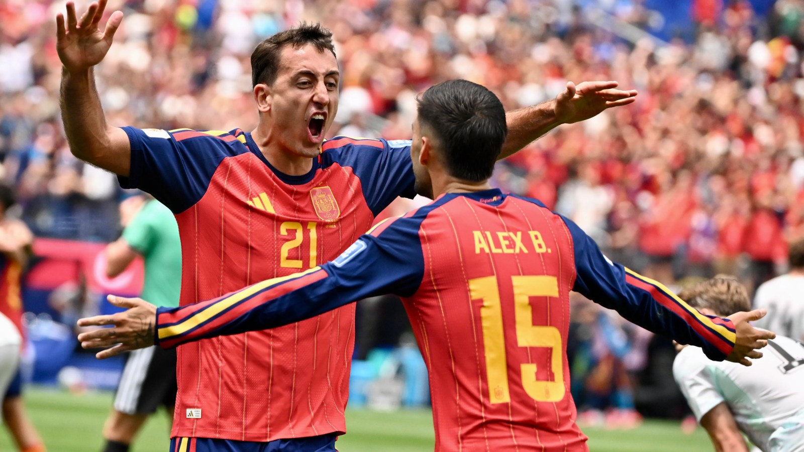 Mikel Oyarzabal celebrates after scoring for Spain against France in the World Cup 2026 semi-final