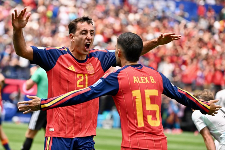 Mikel Oyarzabal celebrates after scoring for Spain against France in the World Cup 2026 semi-final