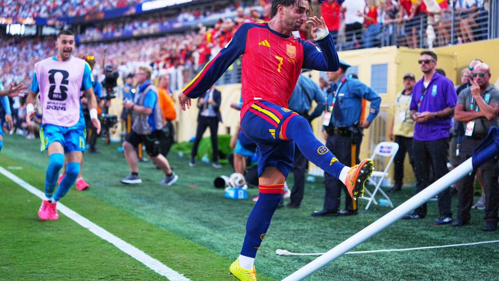 Ferran Torres celebrates after scoring for Spain in the 2026 FIFA World Cup final against Argentina