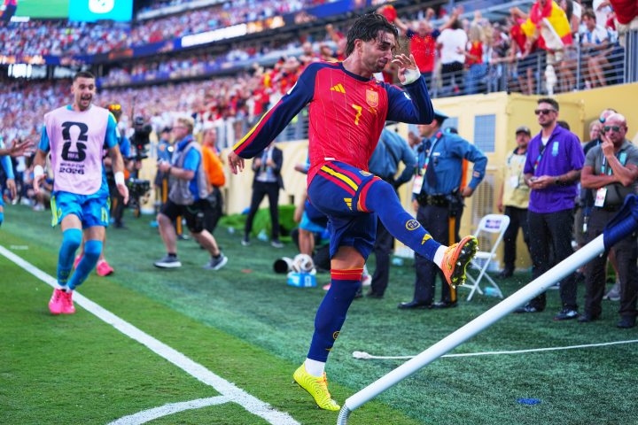 Ferran Torres celebrates after scoring for Spain in the 2026 FIFA World Cup final against Argentina