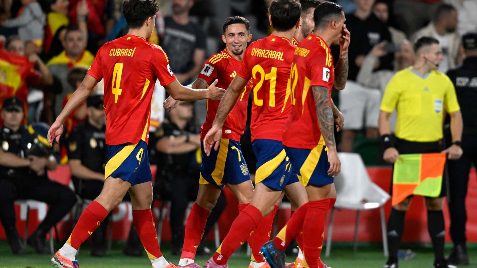 Spain players celebrate after beating Argentina in the FIFA World Cup 2026 final at New York New Jersey Stadium