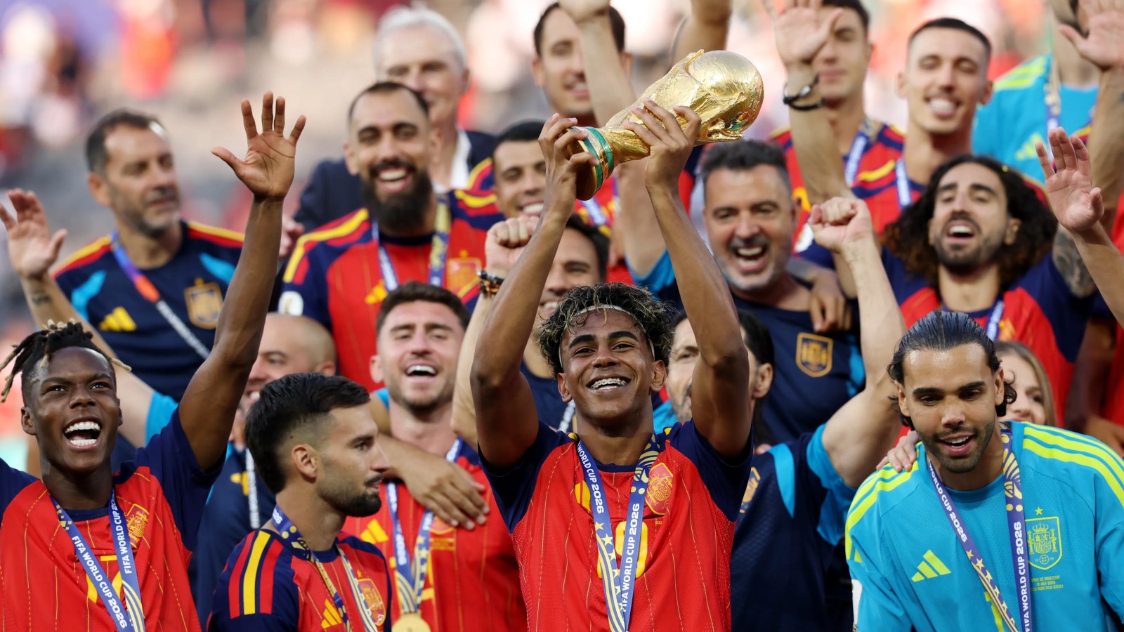 Spain players celebrate after beating Argentina 1-0 in the 2026 FIFA World Cup final