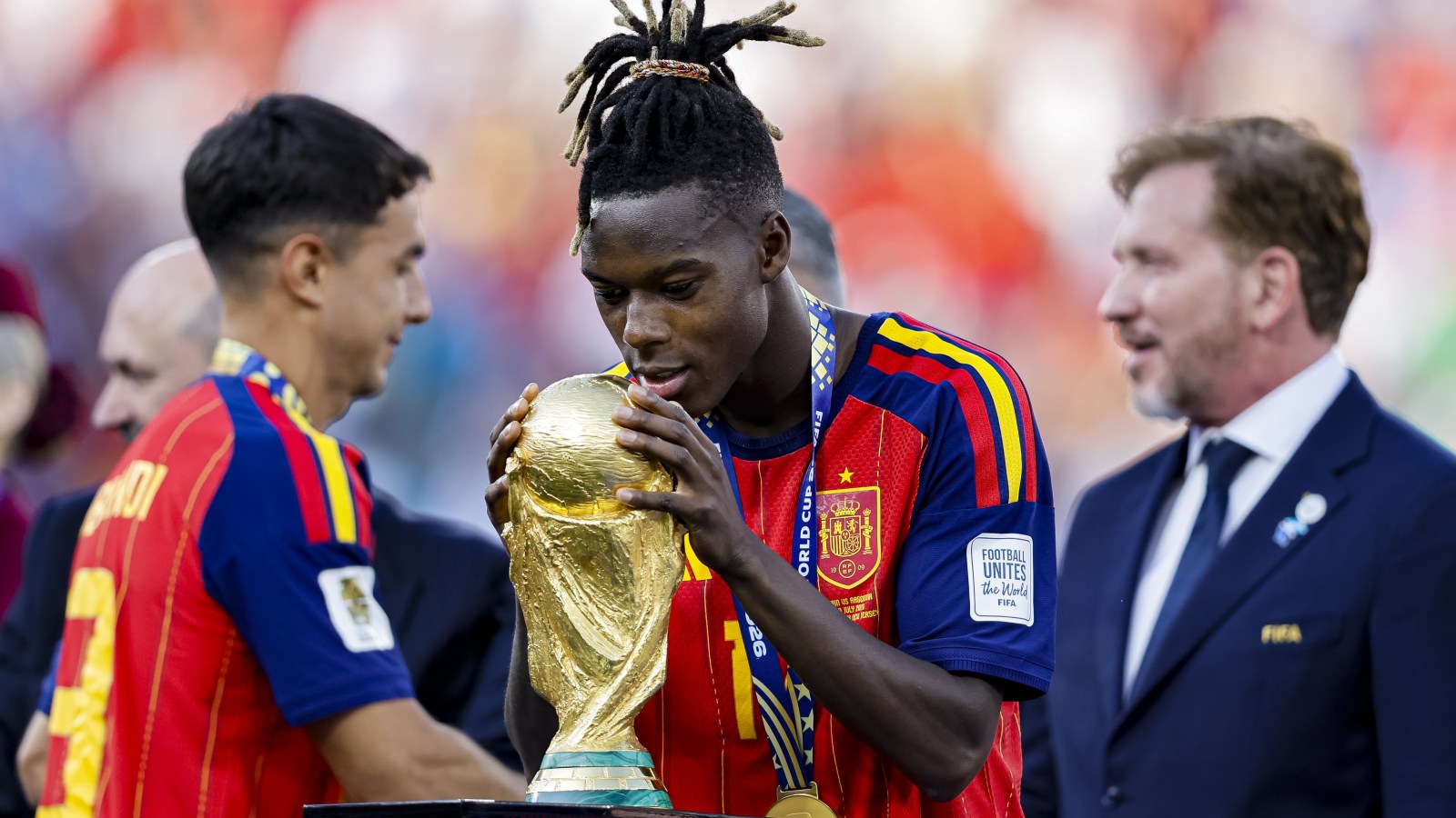 Dani Olmo of Spain reacts after rejecting Roberto Ayala's apology following the World Cup 2026 final against Argentina in New York