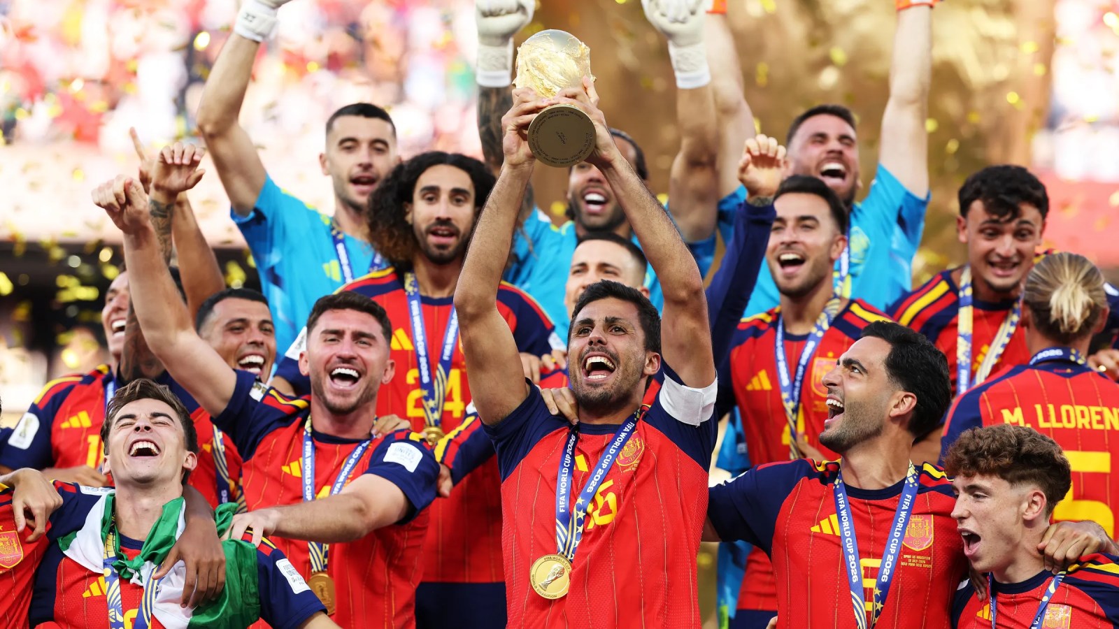 Spain players celebrate after beating Argentina 1-0 in the 2026 FIFA World Cup final