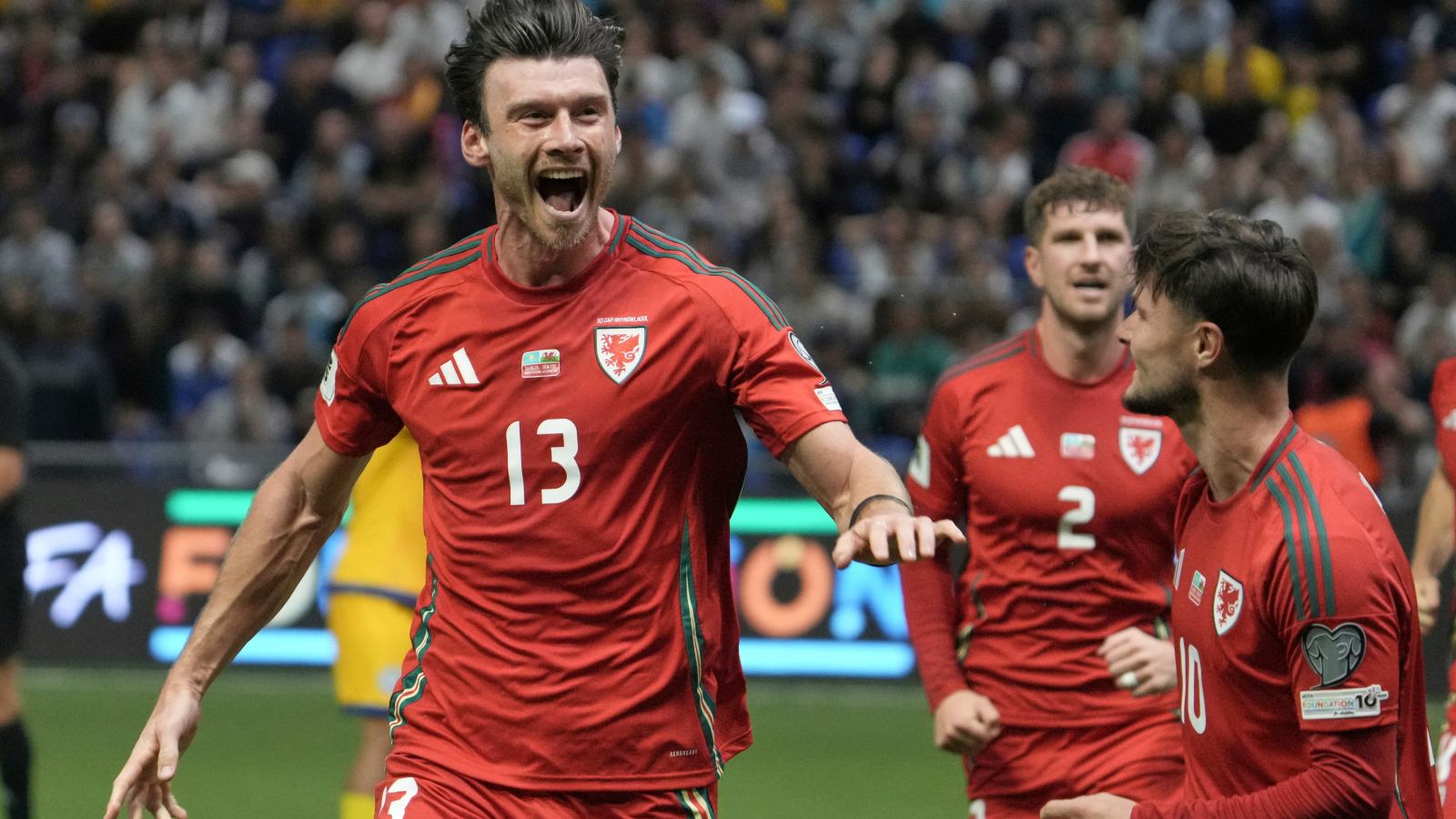 Wales players during a 2026 World Cup qualifying match as the team later failed to qualify for the finals