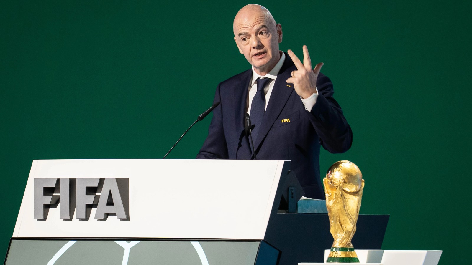 Gianni Infantino during a FIFA World Cup 2026-related appearance after receiving public backing from Donald Trump
