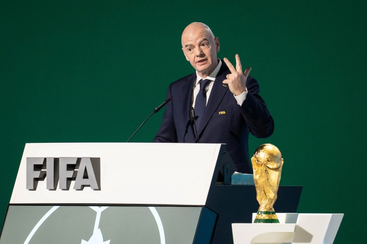 Gianni Infantino during a FIFA World Cup 2026-related appearance after receiving public backing from Donald Trump